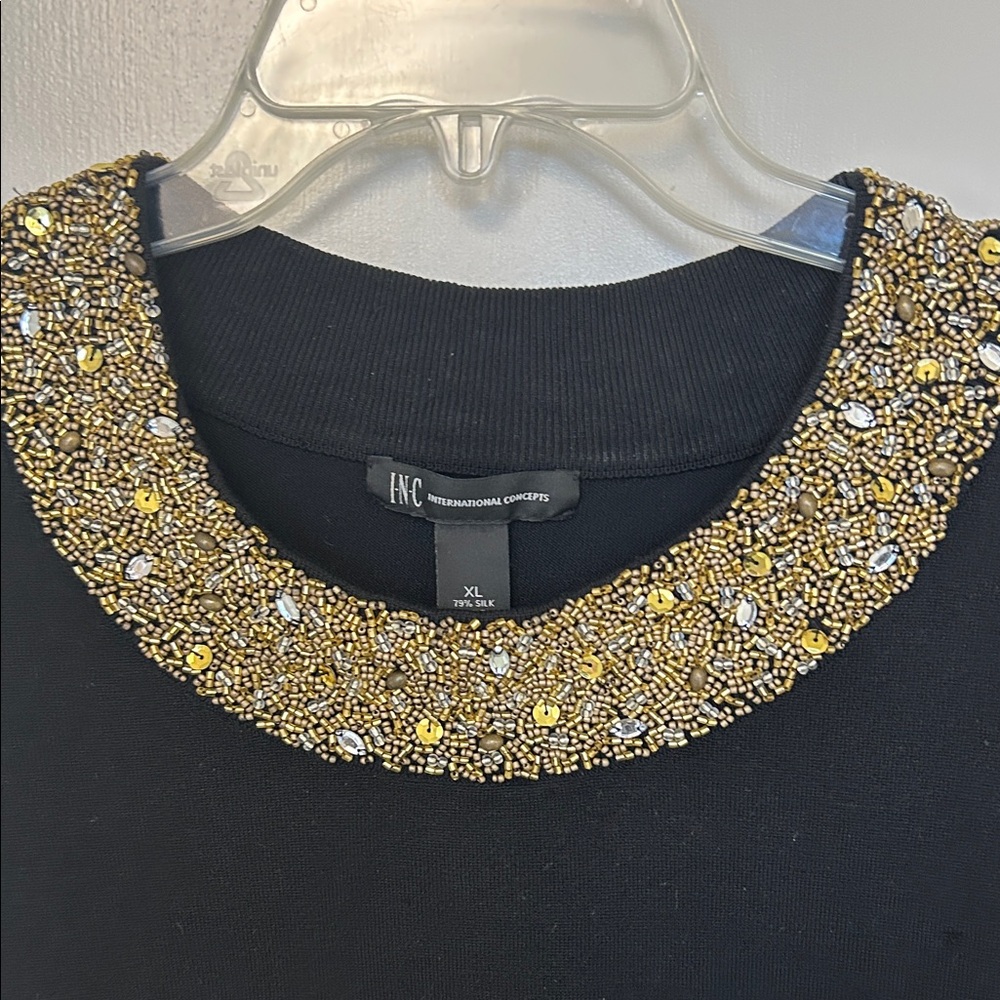 INC International Concepts Black Sweater with Gold Beading and Sequins, XL